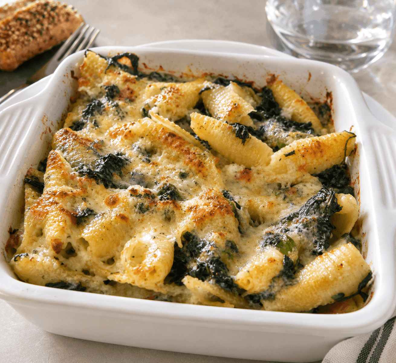 Gratin de pâtes au fromage de brebis et épinards